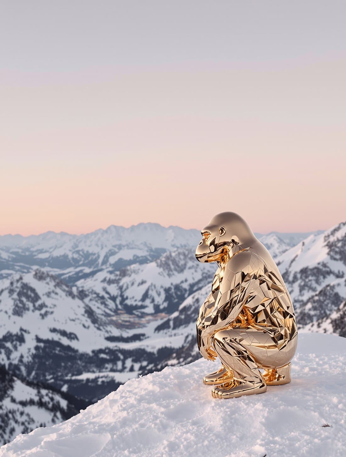 Gorille chrome or accroupi sur une crête enneigée des Alpes au lever du jour
