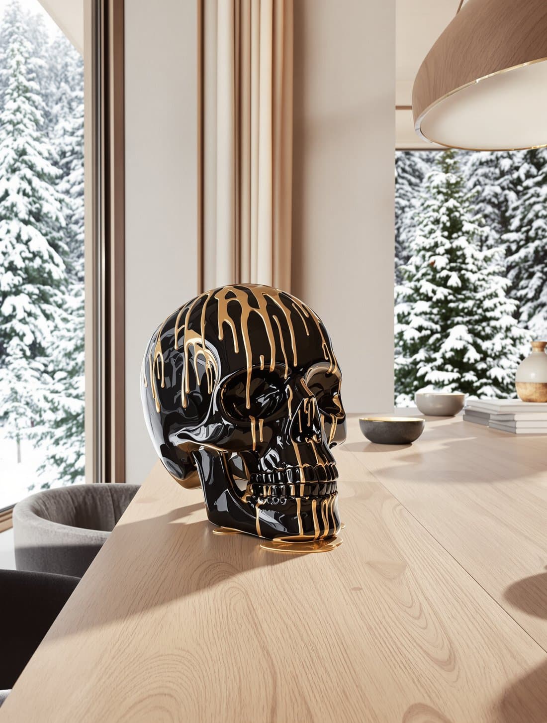 Crâne noir laqué à coulures dorées sur une table en chêne, chalet enneigé