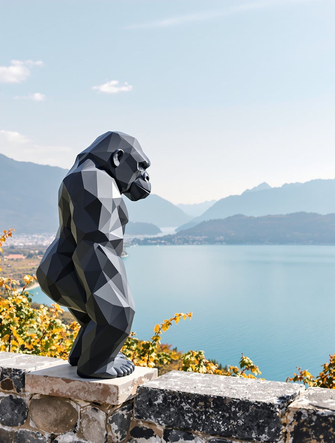 Gorille noir à facettes sur un muret de Lavaux, le Léman en contrebas