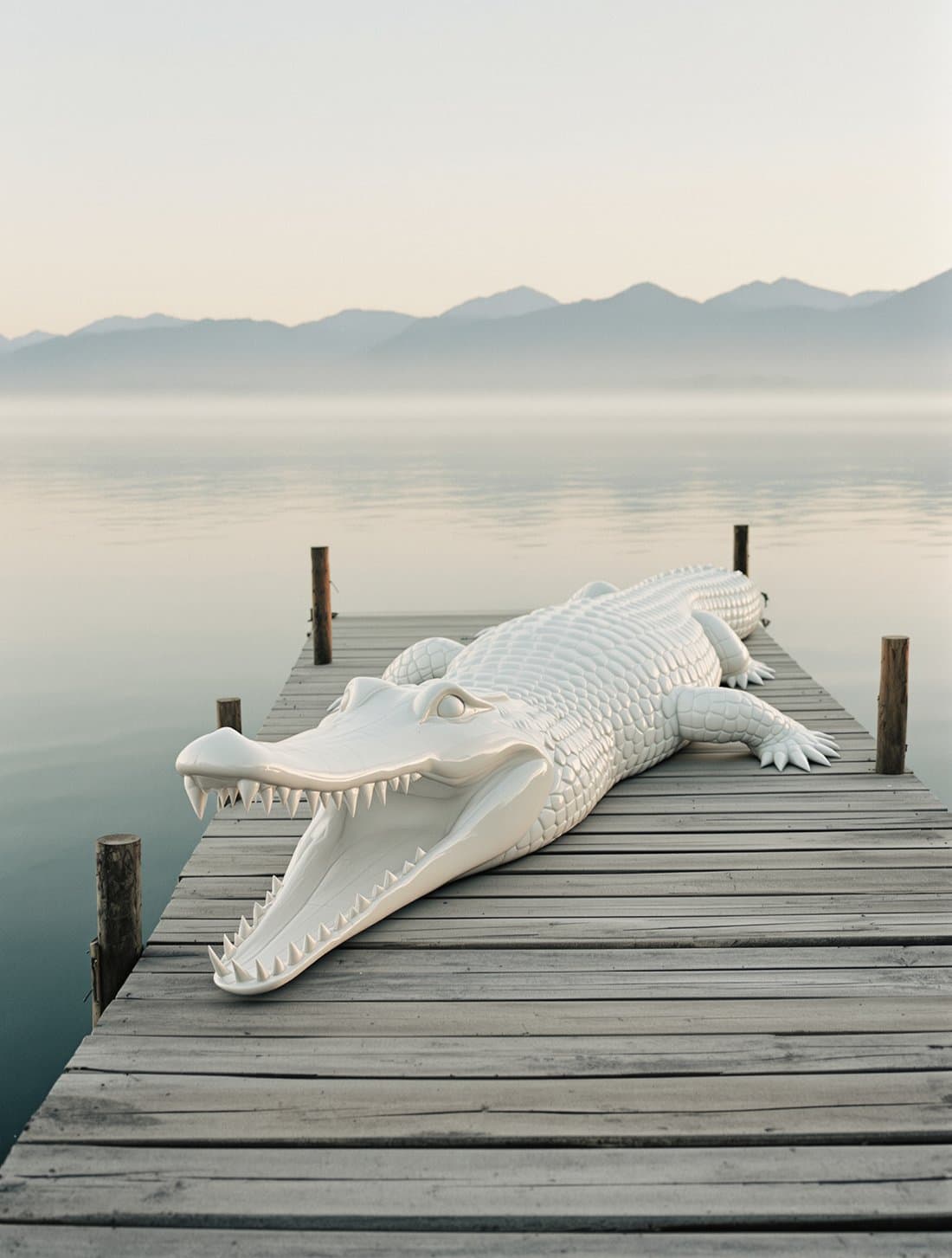 Crocodile en laque blanche posé sur un ponton du Léman à l'aube