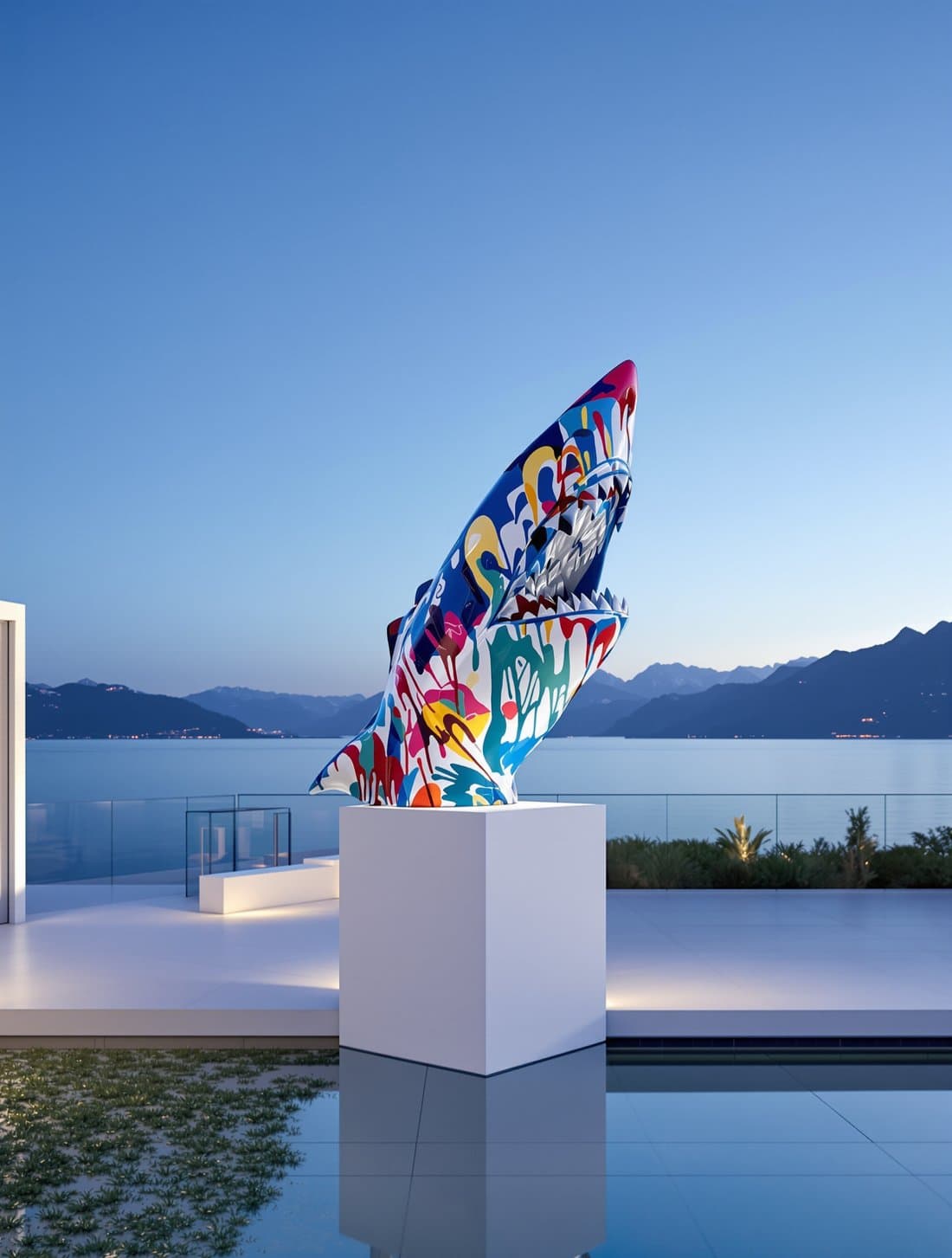 Tête de requin en finition drip multicolore sur un socle, terrasse face au Léman