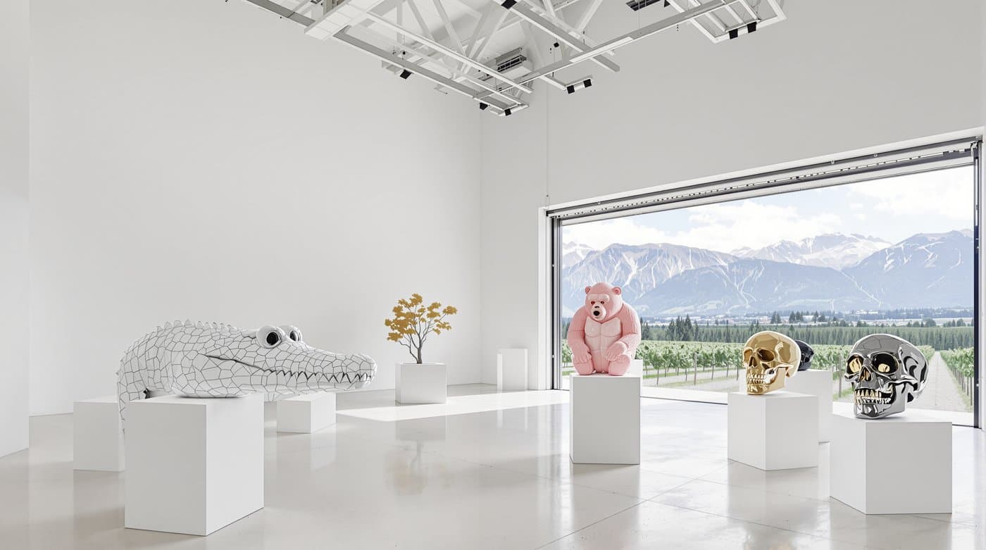 La halle d'Aubonne mise en scène comme une galerie, sculptures sur socles blancs