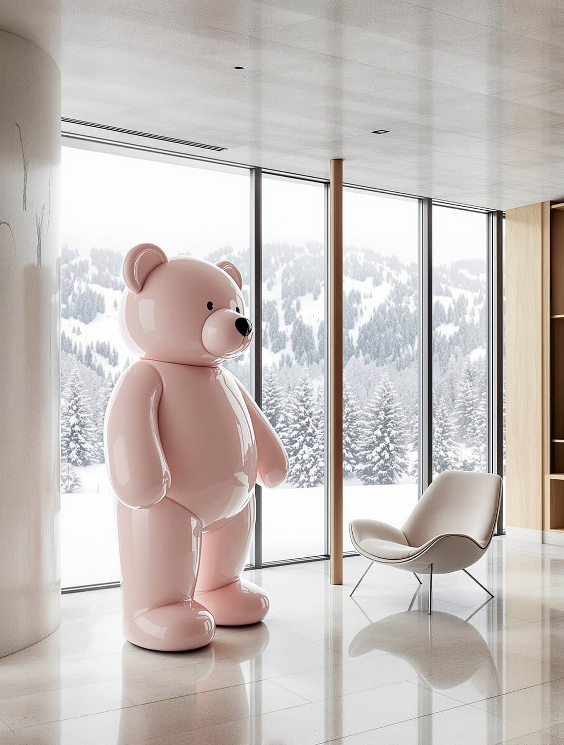 Ours en laque rose dans une villa minimaliste face aux Alpes enneigées