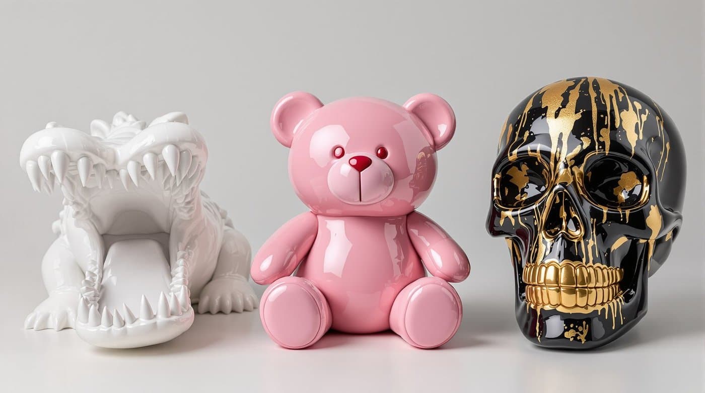 Crocodile blanc, ours rose et crâne drip or sur fond gris studio